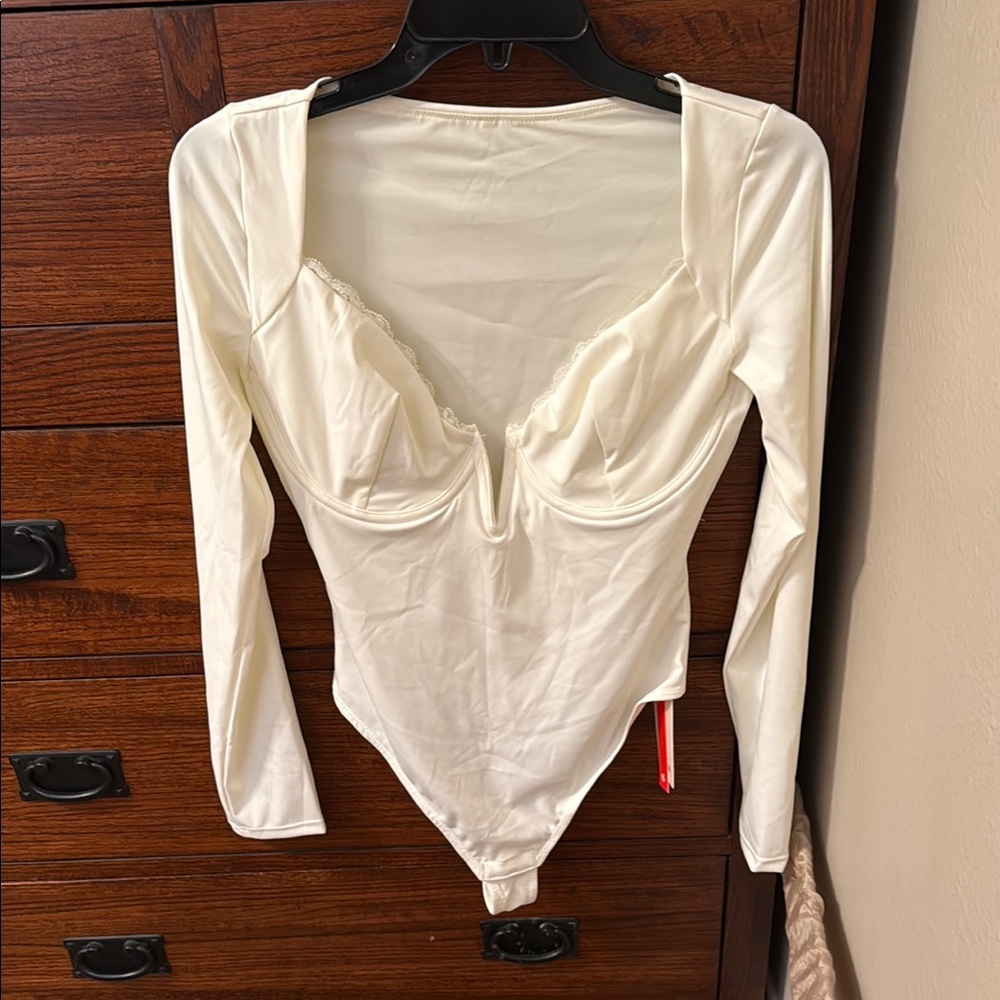 Cream Fitted Long Sleeve Underwire Thong Bodysuit